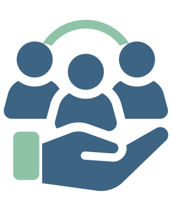 Icon representing warmth with group of three people and a hand supporting them. 