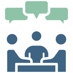 Icon representing three people interacting together at a table representing corporate education program. 